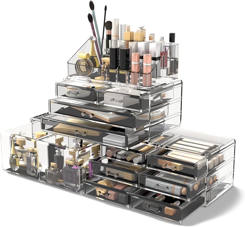 Makeup Cosmetic Organizer Storage Drawers Display Boxes Case with 12 Drawers(Clear)