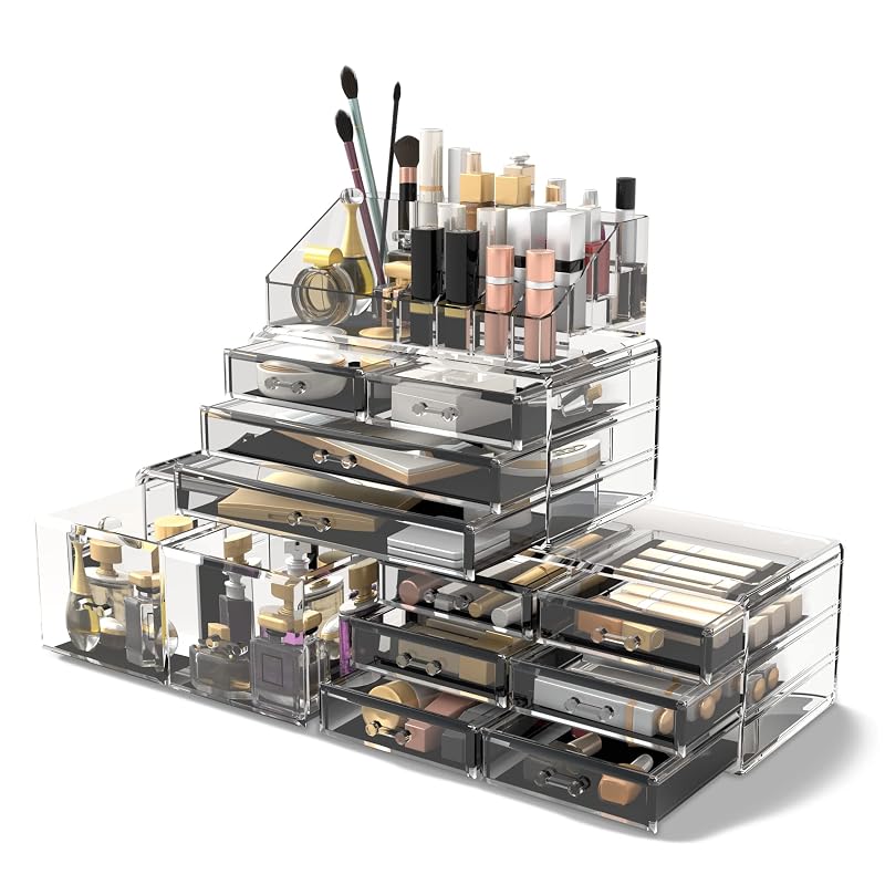 Organizador de cosméticos READAEER com gavetas e compartimentos, transparente, 12 gavetas