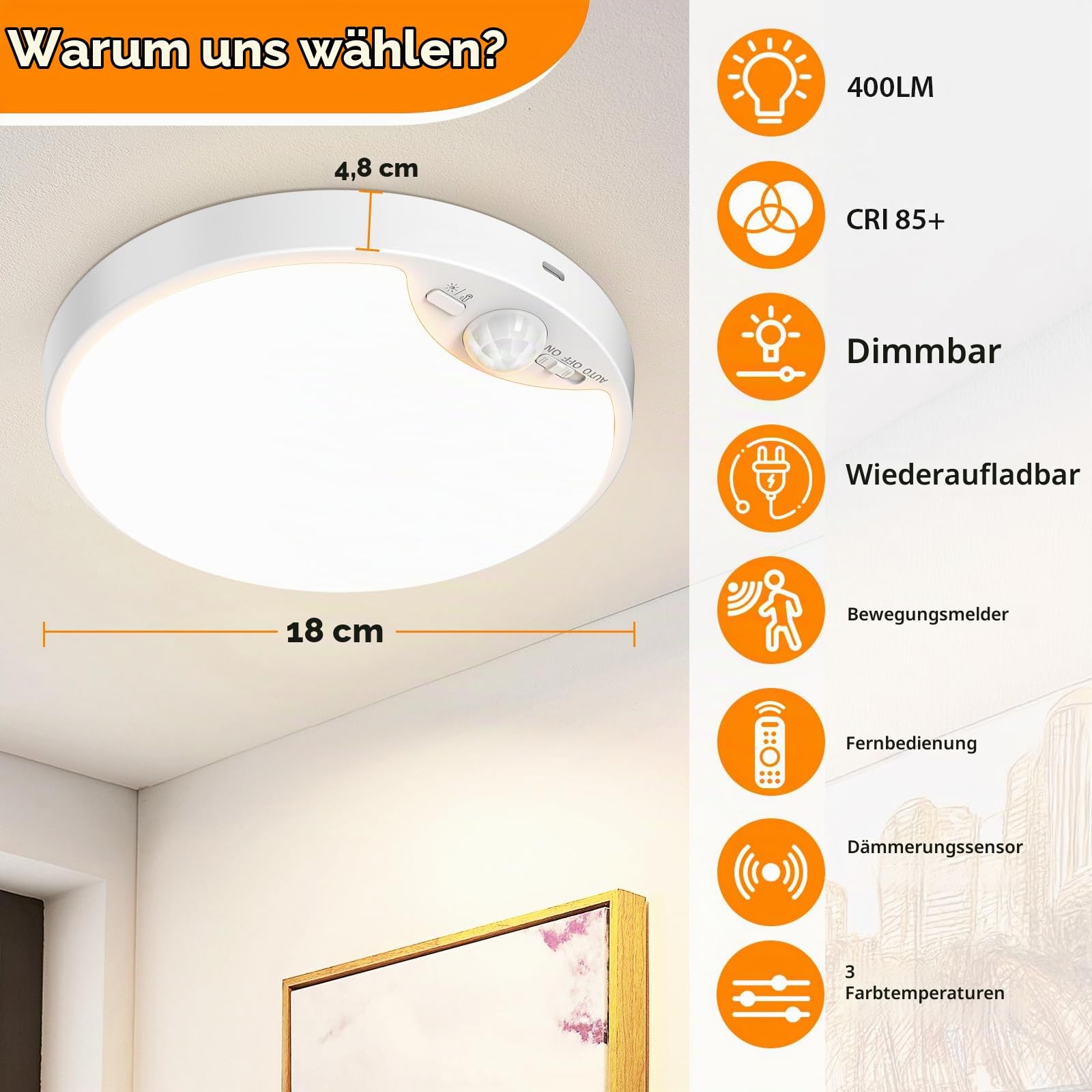 Demkia 2 Stück Akku Deckenleuchte Aufladbar mit Bewegungsmelder, 10000mAh LED Batterie Deckenlampe Innen USB Kabellose Licht mit Fernbedienung Rund 3 Farben Dimmbar für Badezimmer Keller Flur Garage