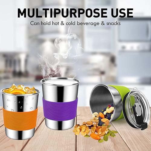 Miniatura 6 de ShineMe Vasos pequeños de 8 onzas a prueba de derrames, 5 vasos de acero inoxidable con tapas y fundas de silicona, vaso reutilizable para bebidas