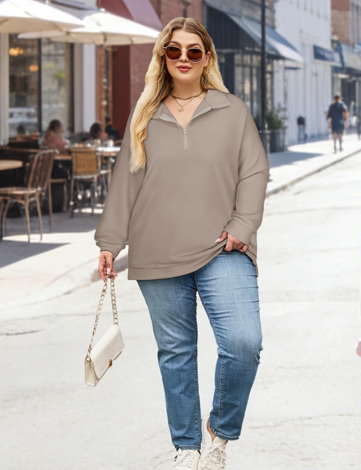 Misyula Style Plus Size Sweatshirts for Women Pockets Quarter Zip Pullover Long Sleeve Drop Shoulder Oversized Tops - Image 7