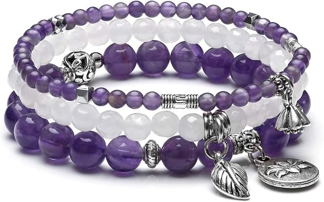 JSDDE Natural Crystals Bracelet Set Reiki Healing Crystal Gemstone Beads Stretch Bracelets with Lotus Leaf Charm for Women Christmas Gift