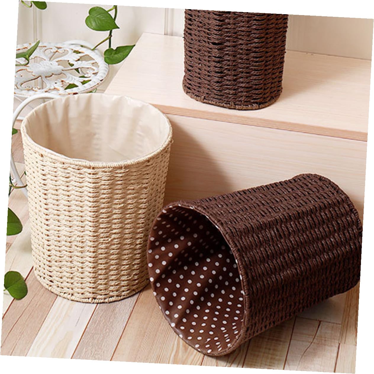 Woven Rattan Wastebasket with Liner Beige Trash Can Multi-Function Storage Basket for Kitchen Bedroom Living Room Home Organization Random Style