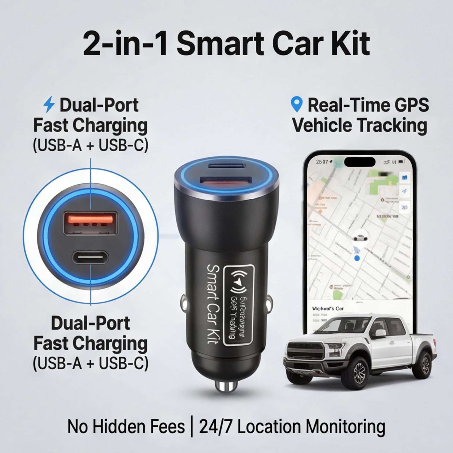 Tracker GPS e caricabatterie per auto, localizzatore GPS per veicoli, localizzatore GPS per antifurto nascosto e posizione di parcheggio in tempo reale, senza canone mensile, nessuna scheda SIM, solo