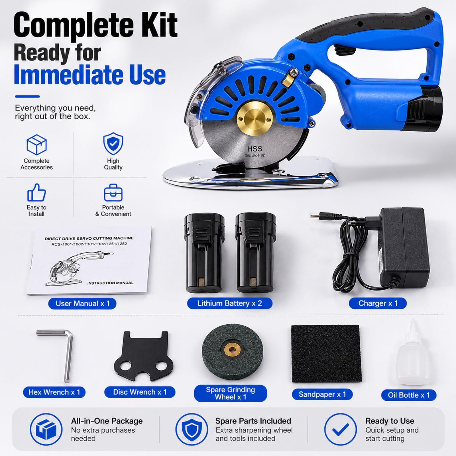Cutter Elettrico, Taglierina Circolare, Taglierina per Tessuti | Motore Brushless, Affilatura Automatica, Spessore 40mm, Lama HSS 125mm, 2 Batterie 2500mAh, 5 Velocità, Peso 1.7kg, LED
