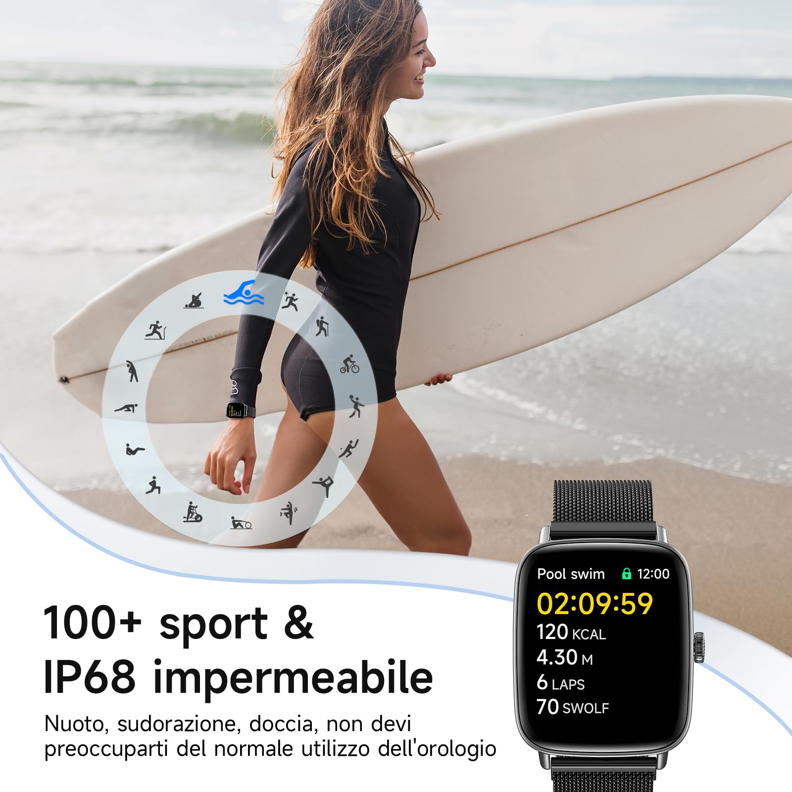 Smartwatch Donna Uomo,1.85" HD Smart Watch Chiamate e Whatsapp,Orologio Fitness Sportivo Cardiofrequenzimetro/SpO2/Sonno/Contapassi,Fitness Tracker 110+ Modalità Sport Impermeabile per Android iOS