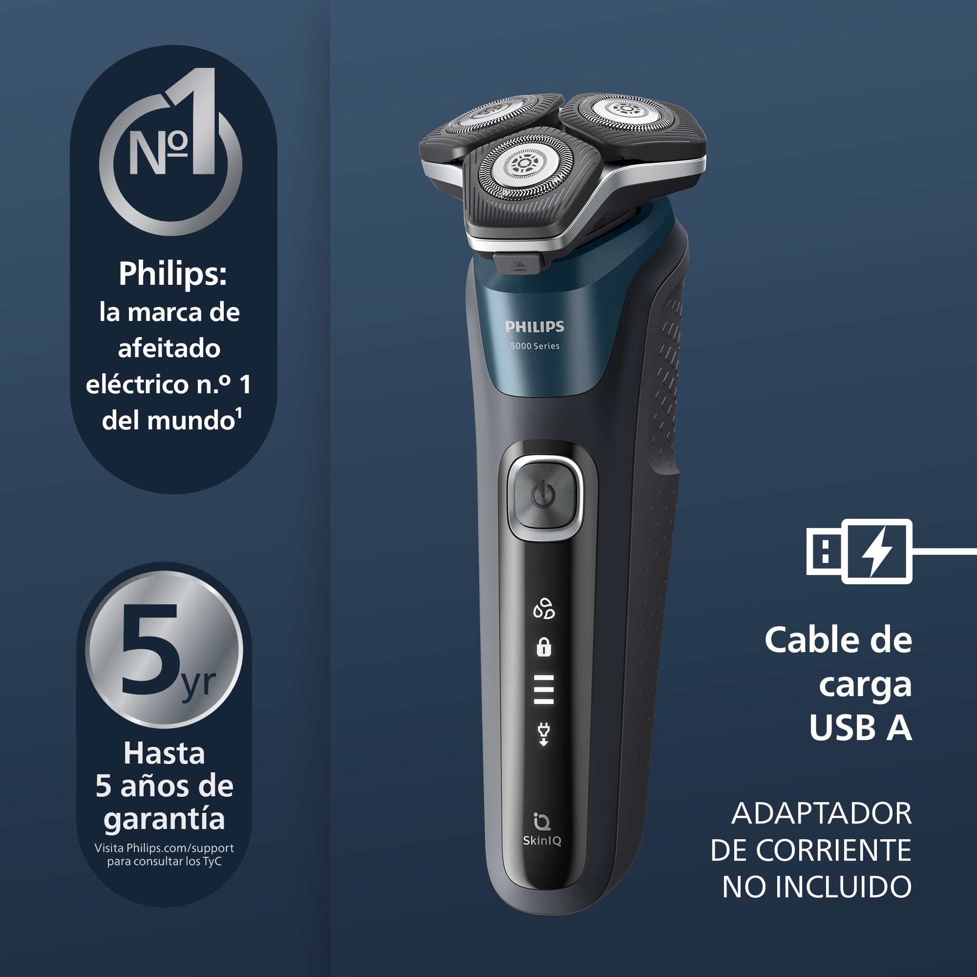 Philips Shaver serie 5000, afeitadora eléctrica Wet & Dry con tecnología SkinIQ, cortapatillas desplegable, estuche de viaje, Quick Clean Pod, azul eléctrico, modelo S5889/50