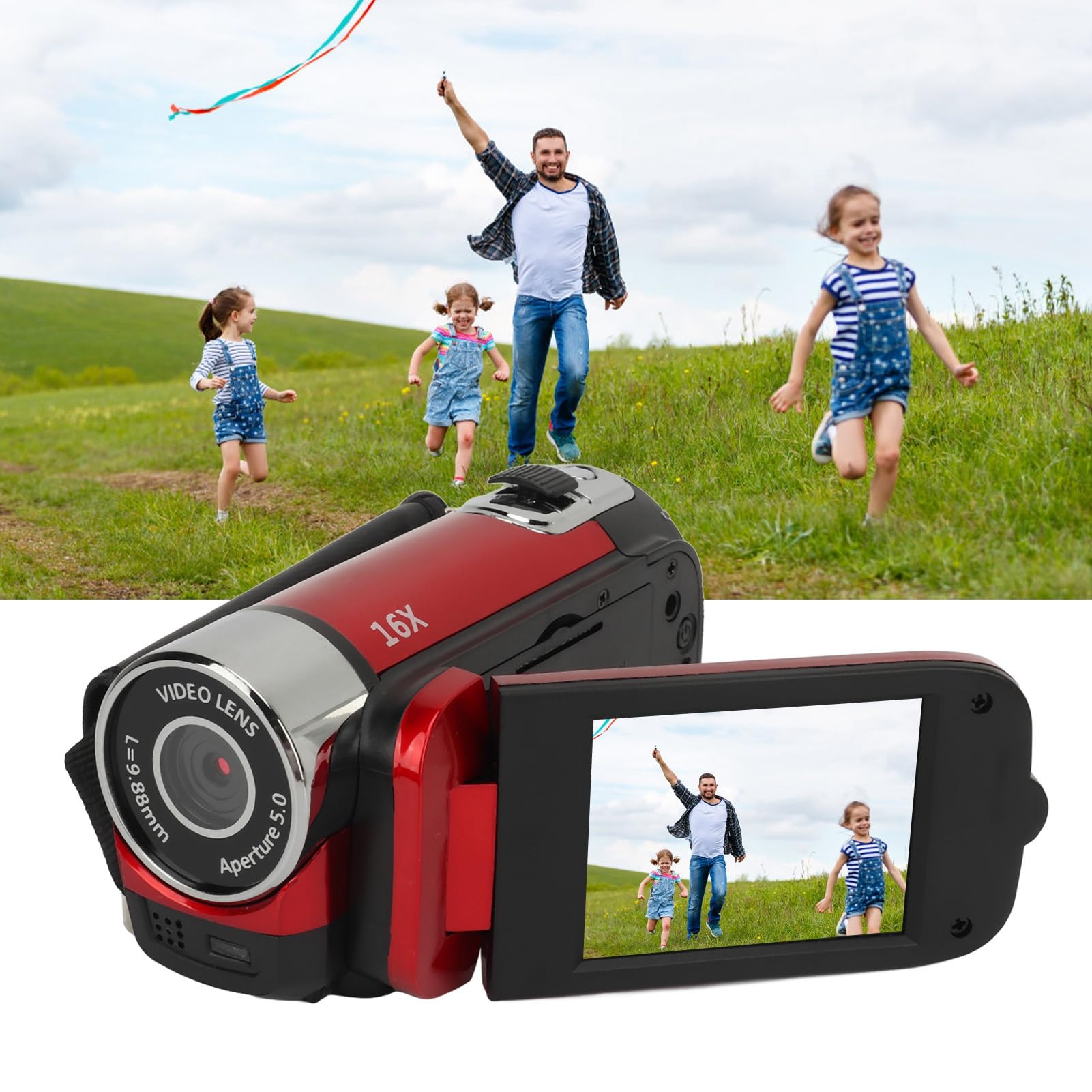 lvifloae Handheld Camcorder D90 1080p 16 Megapixel Digital Camera 16x Zoom HD Video Recorder with 2.4 Inch Rotatable Screen Camcorder and Fill in Light USB Connection Port (Red)