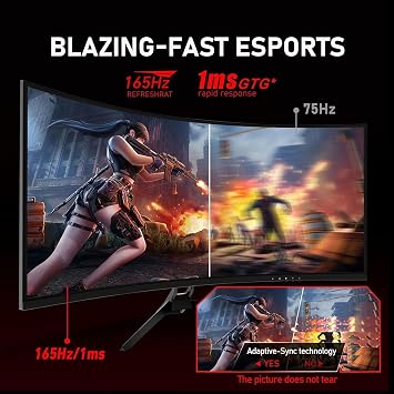 ZZA 32 Inch Curved Monitor,1440p VA Screen 165Hz, 1500R Curved Gming Monitor,Computer Monitor 1ms,FreeSync & G-Sync, HDR10, 120% sRGB Coverage, DP/HDMI, PC Monitor VESA Mount Compatible
