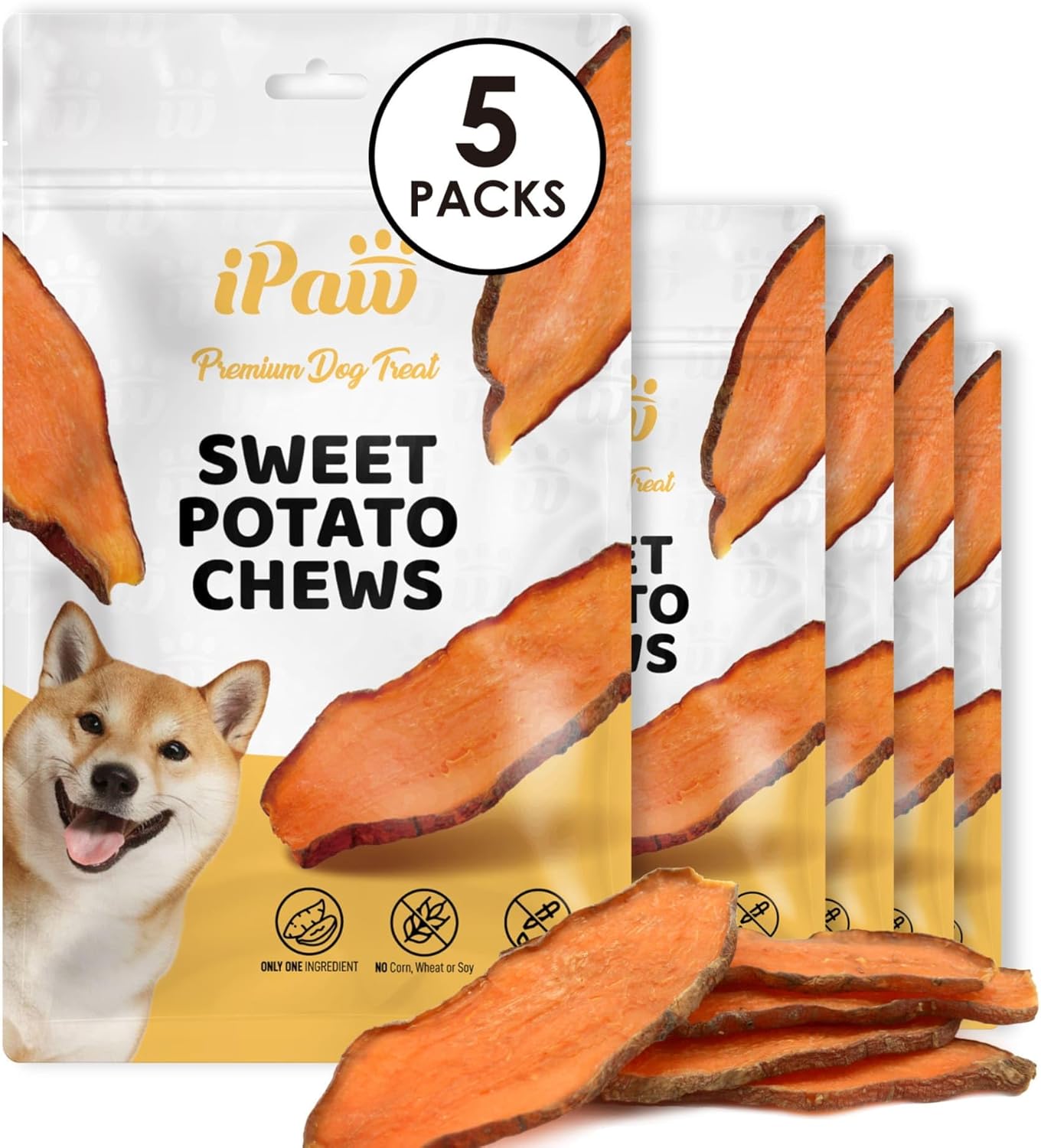 iPaw Sweet Potato Chews, Single Ingredient Dog Treats for Vegetarian, All Natural Human Grade Puppy Chew, Rawhide Alternative, Hypoallergenic, Easy to Digest, 5 Packs