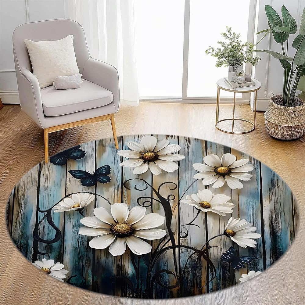 Round Area Rug 4Ft Rustic Floral Blue Grey Farmhouse Flower Butterfly Daisy Vintage Wooden Barn American Country Farm Plant Circular Mat Floor Carpet for Living Dining Room Bedroom
