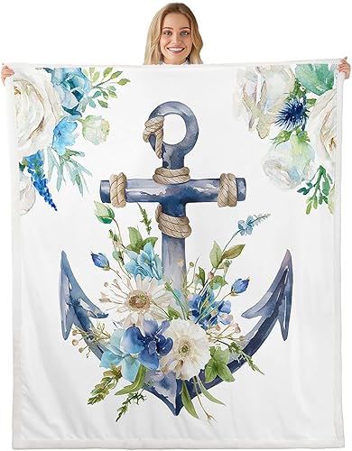 Manfei Manta náutica de ancla con diseño de hojas de flores en acuarela para decoración de habitación de niños y niñas, manta temática marina para