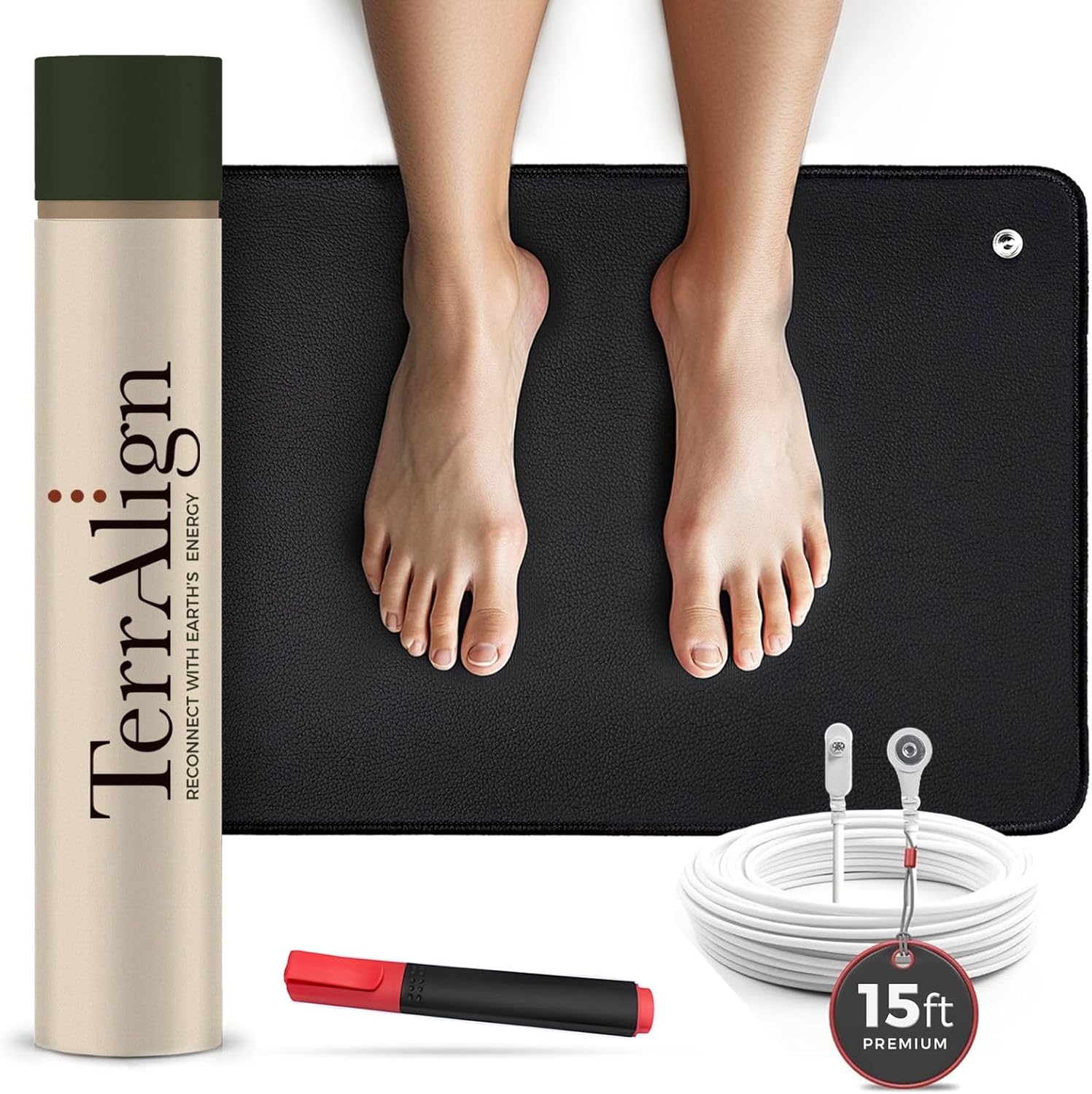 TerrAlign Premium Grounding & Earthing Mat 24×16 in – Carbon-Infused PU Pad with 15-ft Cable and Outlet Tester Pen for Desk, Bed & Yoga | Stress Relief and Sleep Support