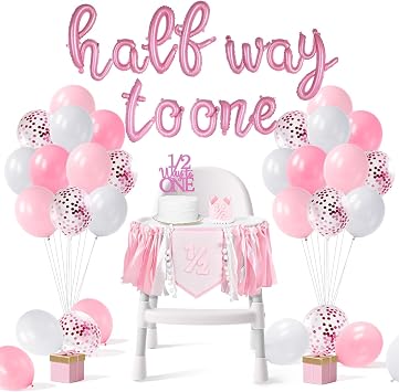 1/2 Half Year Birthday Girl Decorations Pink 6 Months Birthday Decorations for Baby Girl with Half Way to One Foil Balloon, 1/2 Cake Topper, Crown, Highchair Banner & Latex Balloons Pink