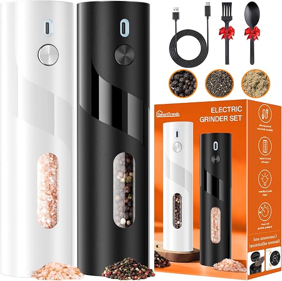 110ml Electric Salt and Pepper Grinder Set, 2-Pack Auto Salt and Pepper Shakers with Large Capacity, Rechargeable, Adjustable Coarseness for Kitchen, Outdoor Dining (Black & White)