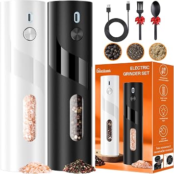 110ml Electric Salt and Pepper Grinder Set, 2-Pack Auto Salt and Pepper Shakers with Large Capacity, Rechargeable, Adjustable Coarseness for Kitchen, Outdoor Dining Black & White