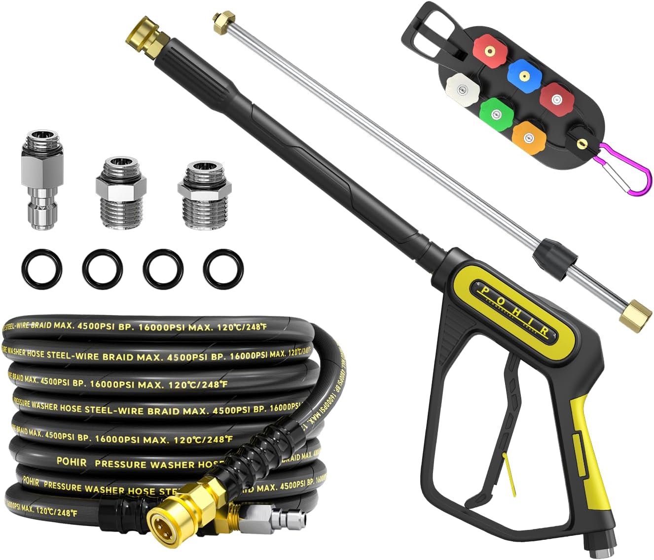 POHIR Pressure Washer Gun and Hose 4500PSI Kit, 25FT Power Washing Hose Steel Braided 3/8'' Quick Connector with 40'' Extension Wand & M22-14/15mm Fitting & 7 Nozzle Tips for Cleaning