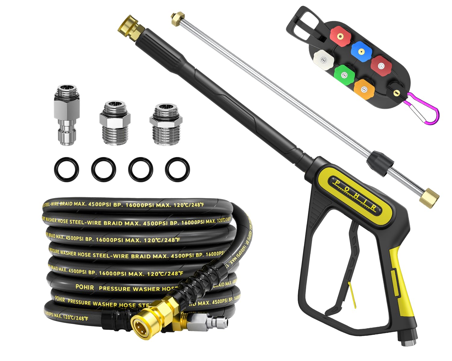 POHIR Kit de pistola y manguera de lavado a presión de 4500 PSI de 3/8 pulgadas, manguera de lavado eléctrica de 25 pies trenzada de acero con varita de extensión de 40 pulgadas y ajuste M22-14/15 mm