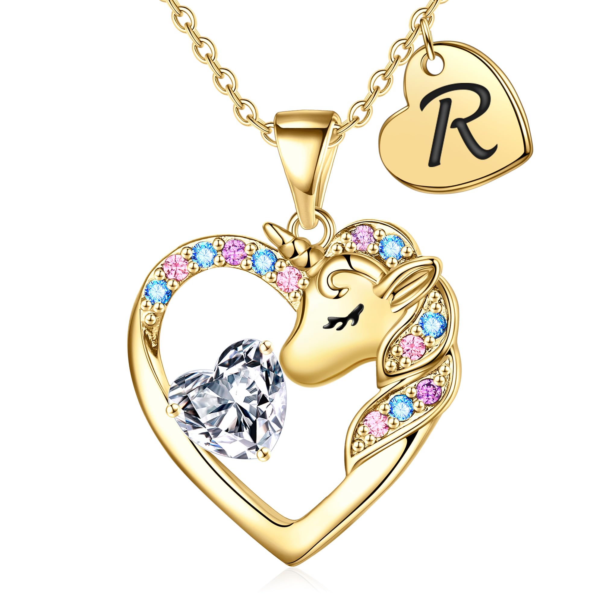 IEFRICH お孫さんへのクリスマスギフト - カラフルなCZハートイニシャルユニコーンネックレス ガールズジュエリーユニコーン誕生日ギフト 女の子への靴下の詰め物, 20 inches, 真鍮, 宝石なし