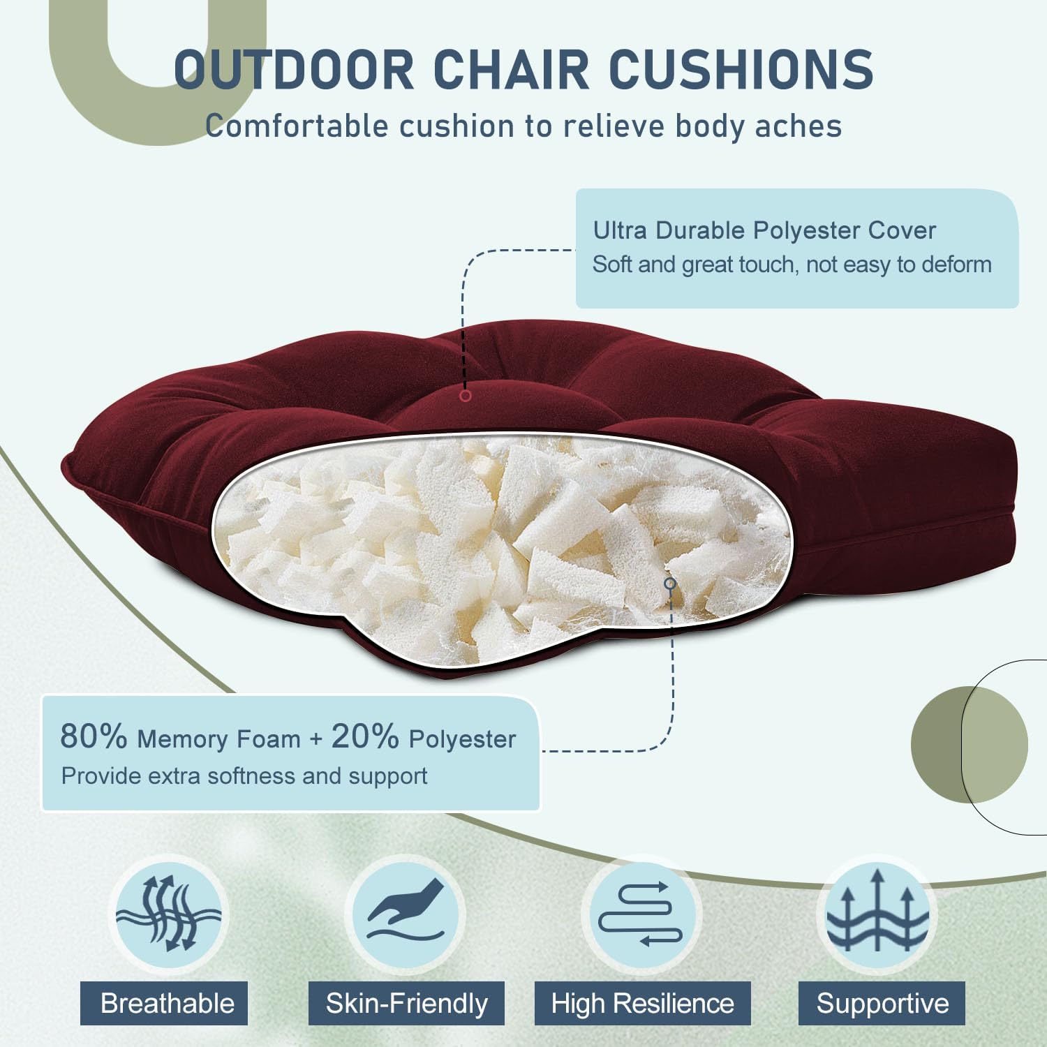 downluxe Outdoor Chair Cushions Set of 4 for Patio Furniture, Water Resistant Tufted Overstuffed Patio Furniture Cushions, Thick Outdoor Seat Cushion, 19" X 19" X 5", Burgundy