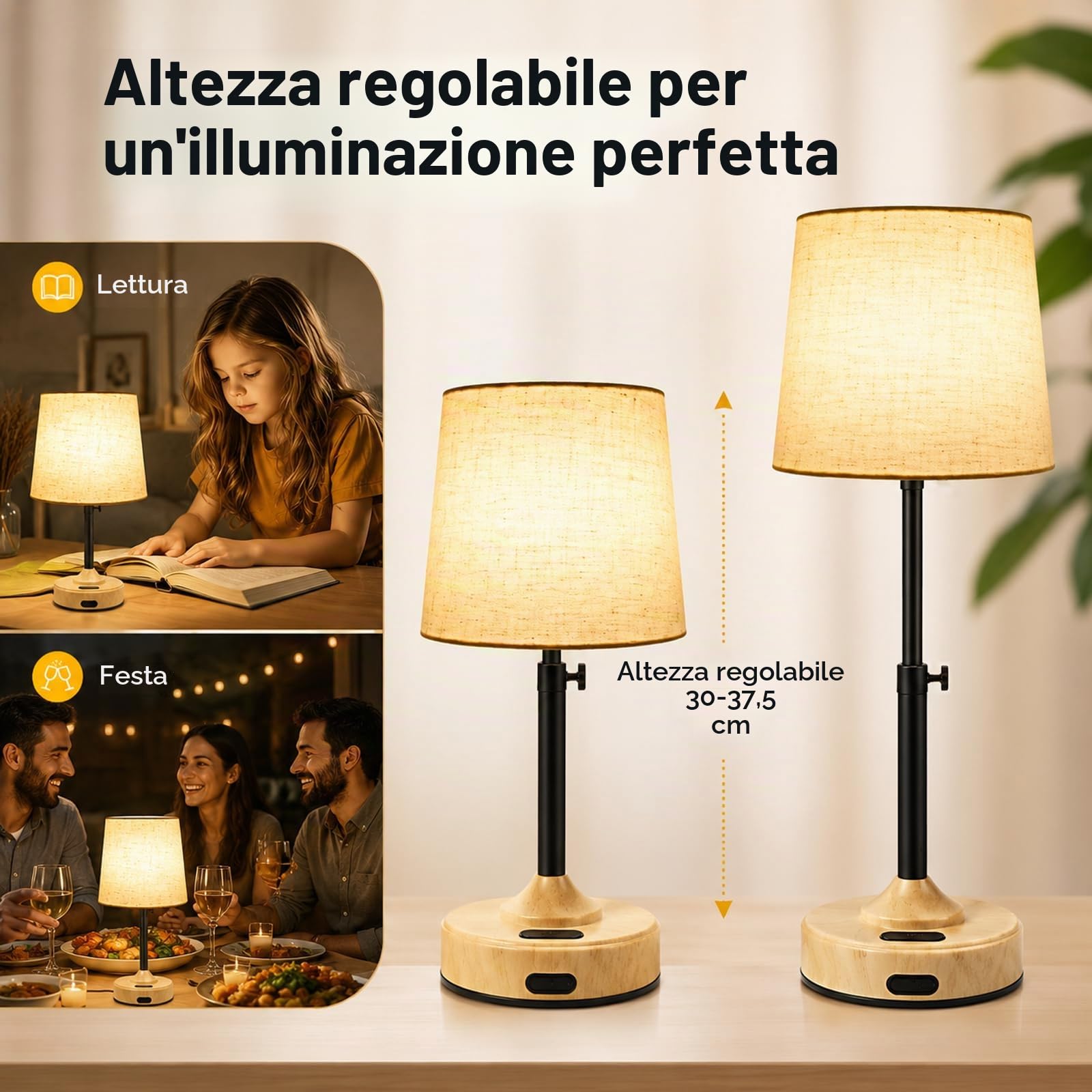Lampada da Comodino Senza Fili- Abat Jour da Comodino Touch Dimmerabile e Timer, 3 Temperature Colore, Ricarica USB-C Lampada da Tavolo per Camera, Soggiorno, Studio(Confezione da 2)