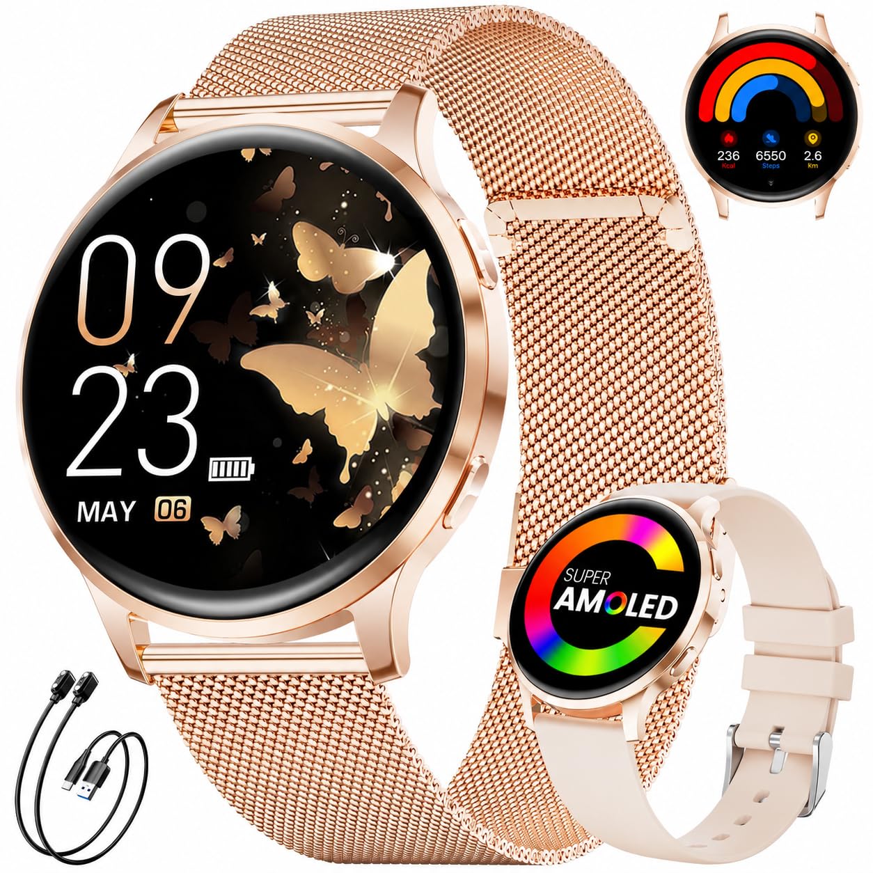 FITFLEX Smartwatch Damen, 1.32" HD Fitnessuhr mit Telefonfunktion, 120+Sportmodi, Monitor 24/7 Pulsuhr, Schlafmonitor, Kalorien, Fitness Tracker, IP68 Wasserdicht Smart Watch, iOS Android, Roségold