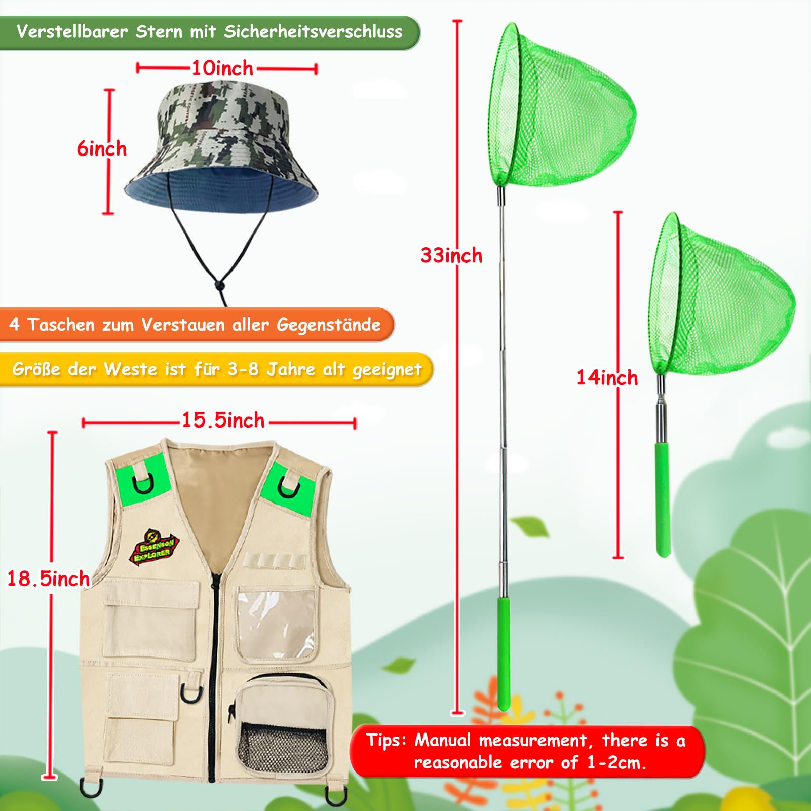 ESSENSON Kit Esploratore all'aperto - Set Cattura Insetti con Gilet, binocolo, Torcia elettrica, Regalo di Compleanno del Giocattolo di Avventura di Campeggio per Ragazzi e Ragazze di età 3-12 Anni