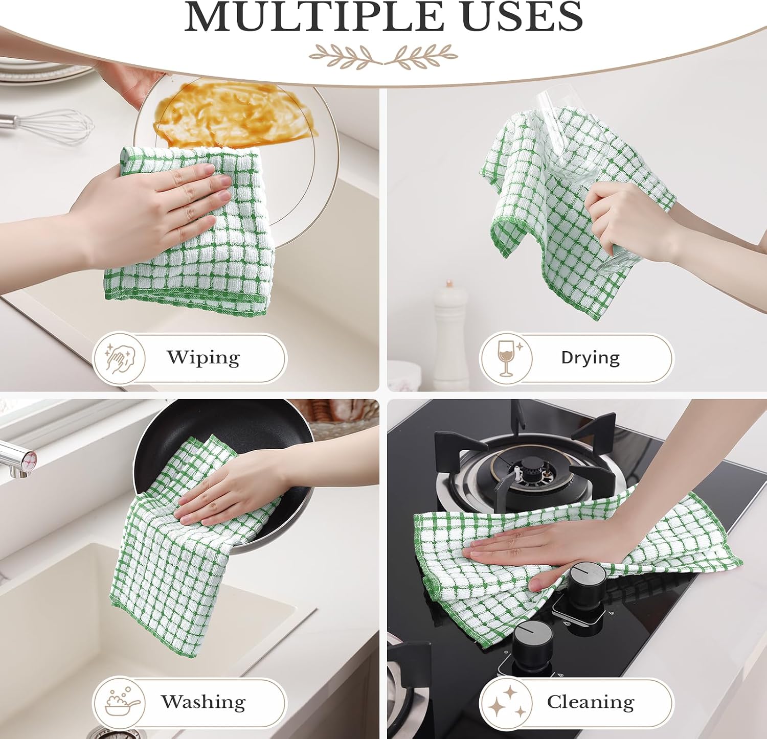 Homaxy 16 Pack Cotton Terry Kitchen Dish Cloths, Super Soft and Absorbent Dish Rags, 12 x 12 Inches, Quick Drying Reusable Dish Towels for Washing Dishes, Green