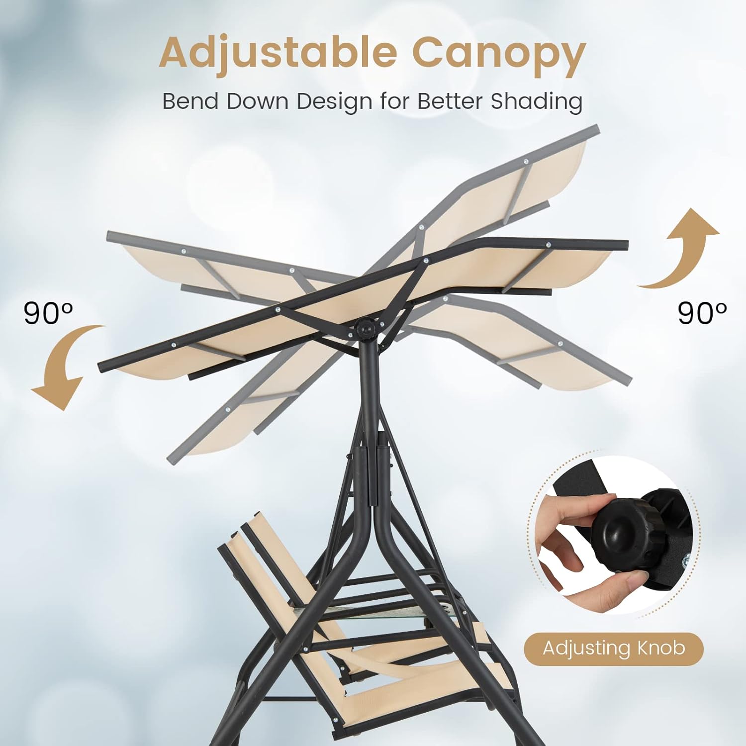 Tangkula 2 Person Porch Swing, Outdoor Swing with Tempered Glass Table, 2 Cup Holder, Patio Swing with Adjustable Canopy for Garden, Porch, Backyard Beige