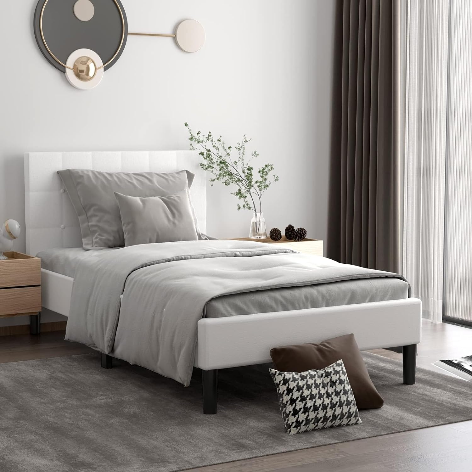 DORTALA Upholstered Twin Bed Frame, Platform Bed Frame with Button Tufted Headboard, Modern Mattress Foundation with Wood Slat Support, Easy Assembly, No Box Spring Needed, Beige