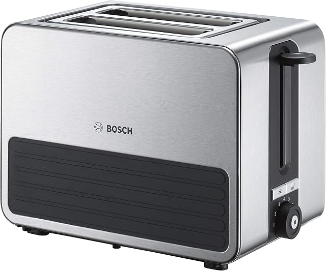 Bosch Kompakt TAT7S25 toster ze stali nierdzewnej, z automatycznym wyłączaniem, z funkcją rozmrażania, idealny na 2 kromki, szeroki, funkcja podnoszenia, 1050 W, czarny/szary