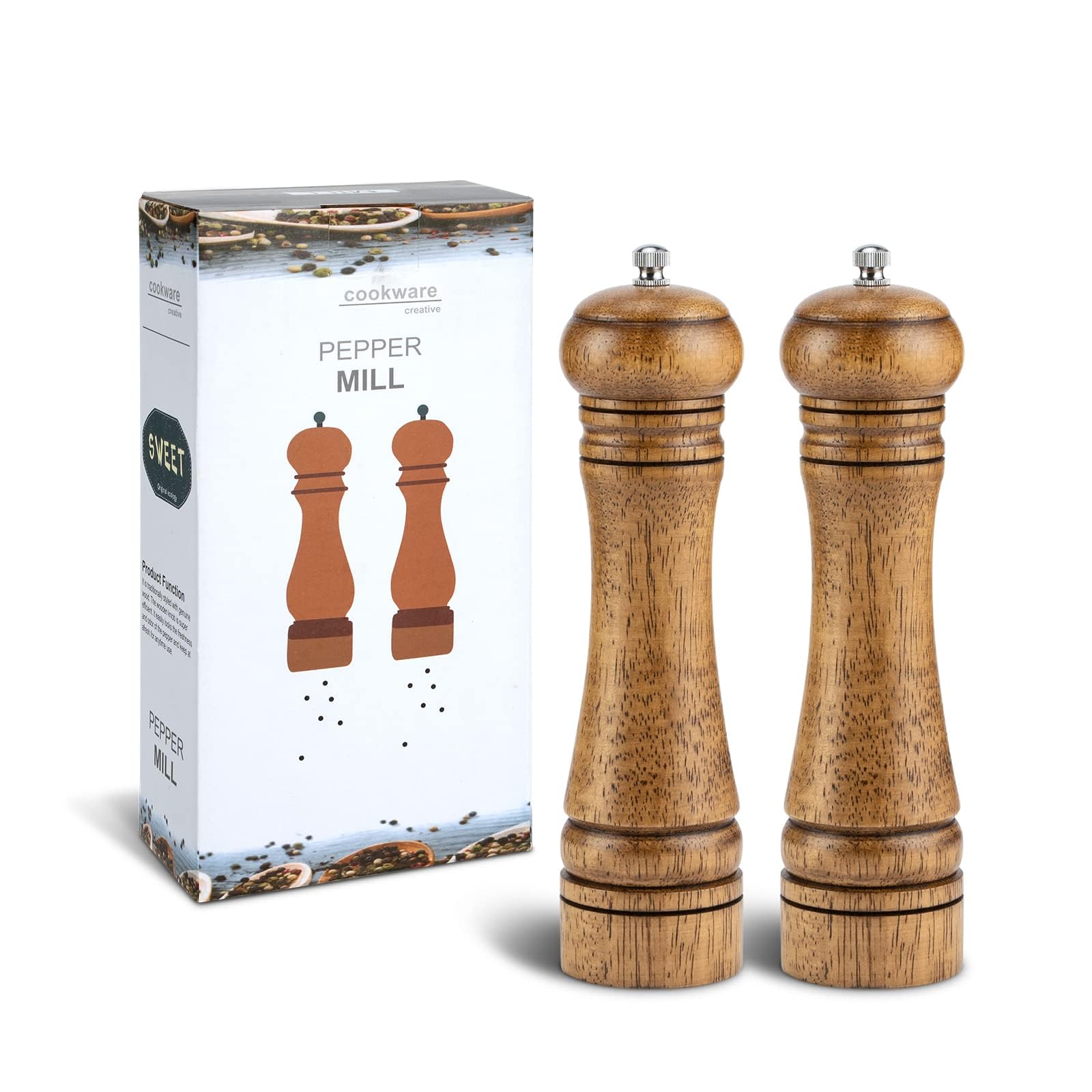 YEENAIV Salt and Pepper Grinders Set, Wooden Pepper Mill Peppers Grinder Kit Wooden Peppers Shaker Set, Refillable Oak Wood Grinder for Kitchen 10 Inch