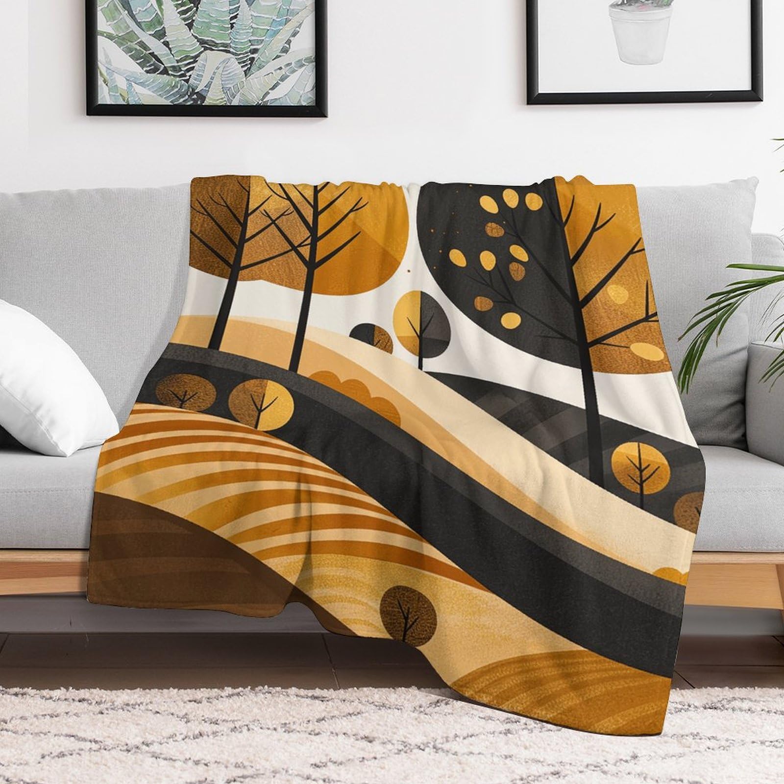 Couverture en micro polaire légère motif arbres jaunes pour lit deux places et sofa