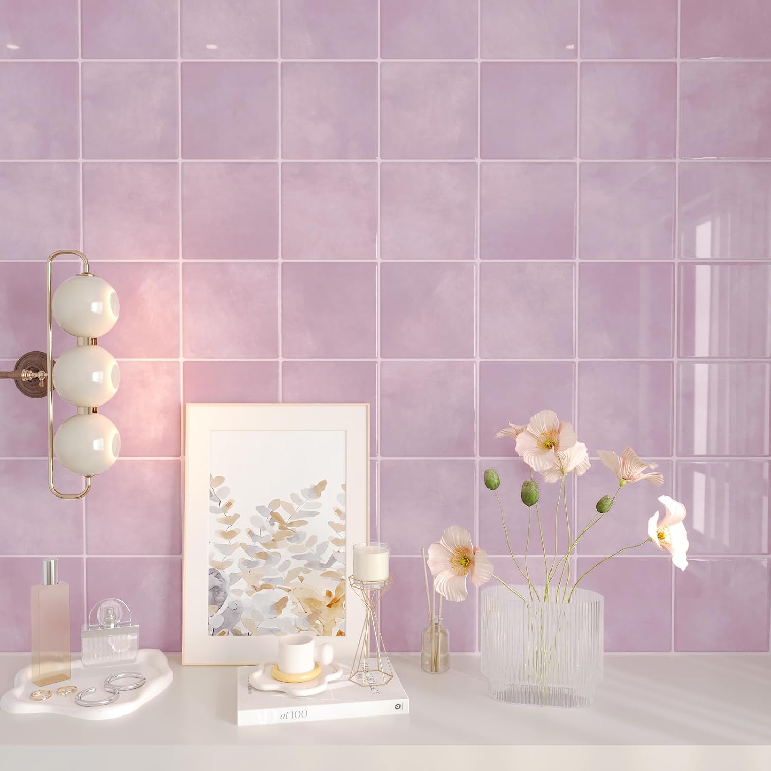 CHIHUT 6 Sheets Pink Peel and Stick Tiles 12''x12'' 3D Self Adhesive Square Backsplash Tiles Waterproof Removable Stick on Backsplash for Kitchen Bathroom Thick Glossy Pink Subway Tile for RV