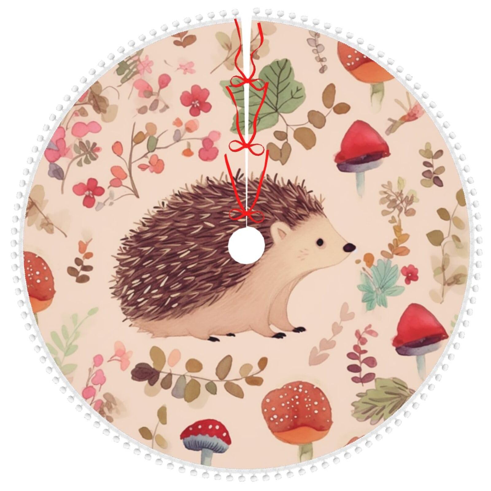 Tapis de sapin de Noël hérisson 122 cm avec bordure à pompons double couche