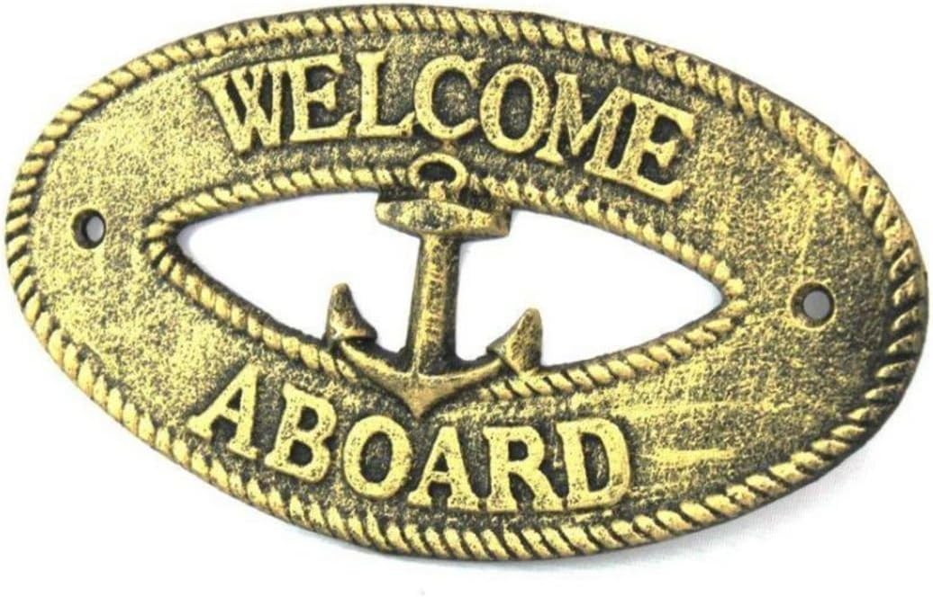 Hampton Nautical K-9308-gold Antique Gold Cast Iron Welcome Aboard with Anchor Sign 8" - Decorative Metal Wall Art - Cast Iron Nautical