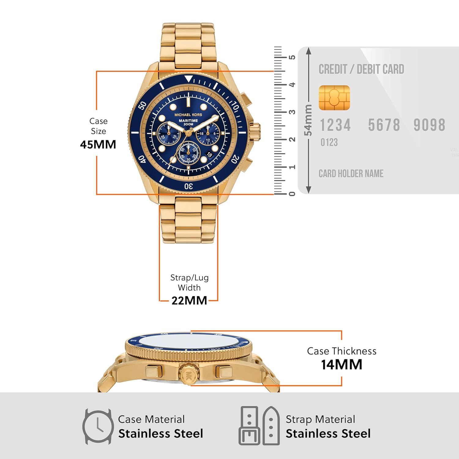 Diagram illustrating the dimensions of the Michael Kors Maritime Gold Watch MK9202