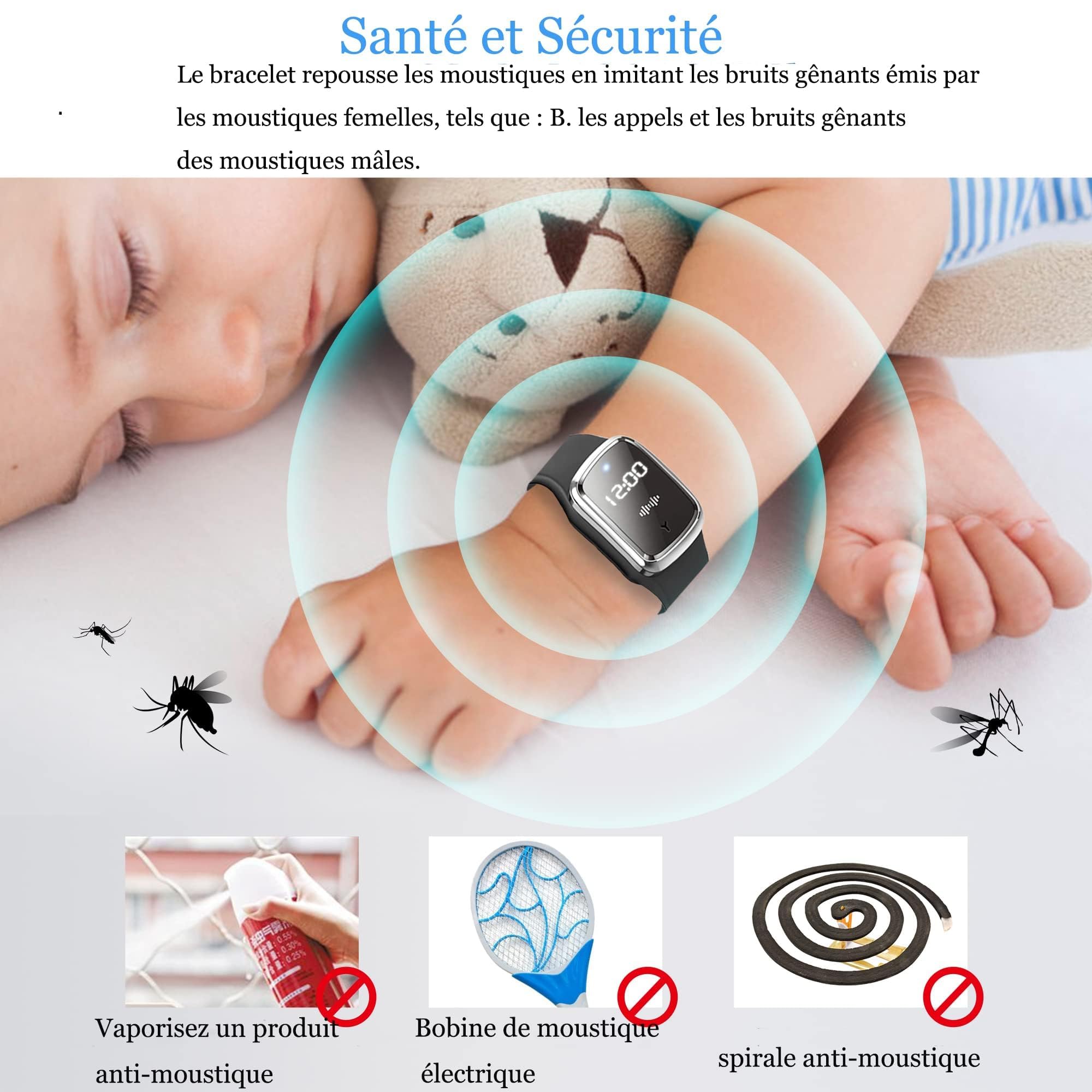 Bracelets anti-moustiques, Affichage de la Température Corporelle et Montre, Rechargeables par USB étanches à Ultrasons pour Adultes et Enfants intérieur et extérieur (Noir)
