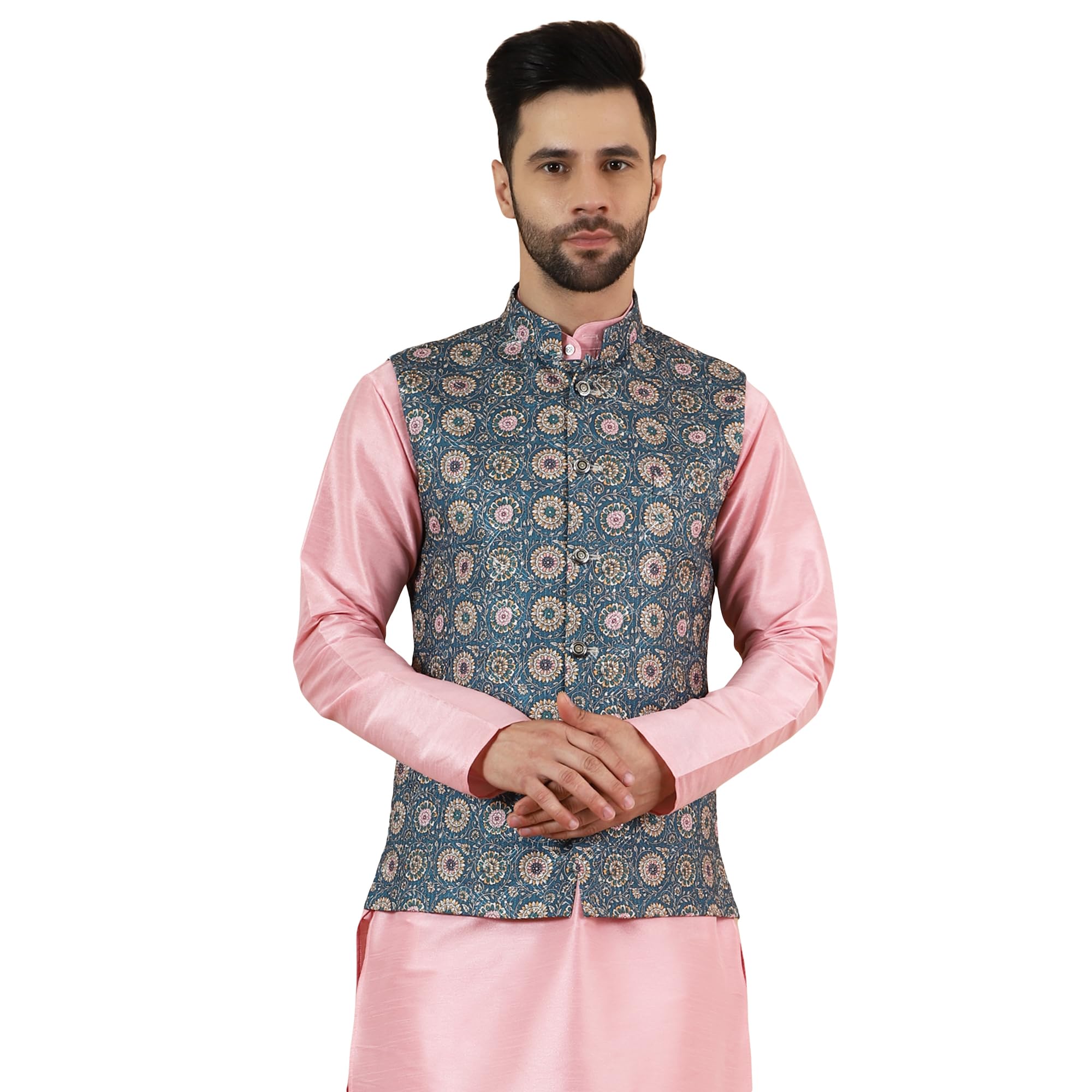 wintage Men's Digital Print Cotton Silk Blue Modi Nehru Jacket-picture-15