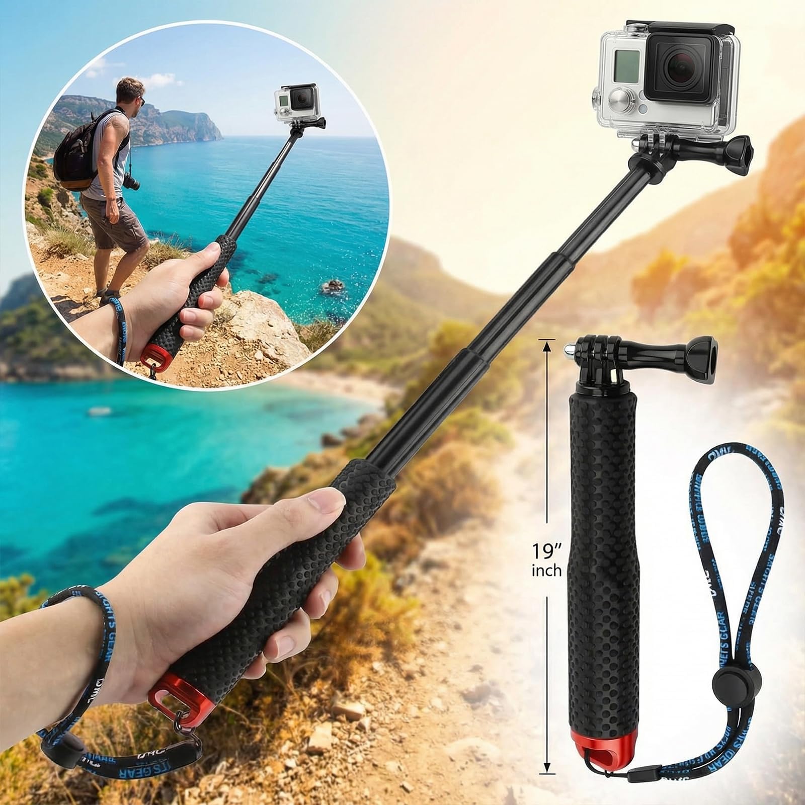 Perche Etanche pour GoPro et Action Cam, télescopique 49 cm, Format Compact 18 cm, Perche à Selfie Etanche sous Marine, Compatible DJI Osmo Action, Insta360 Ace Pro