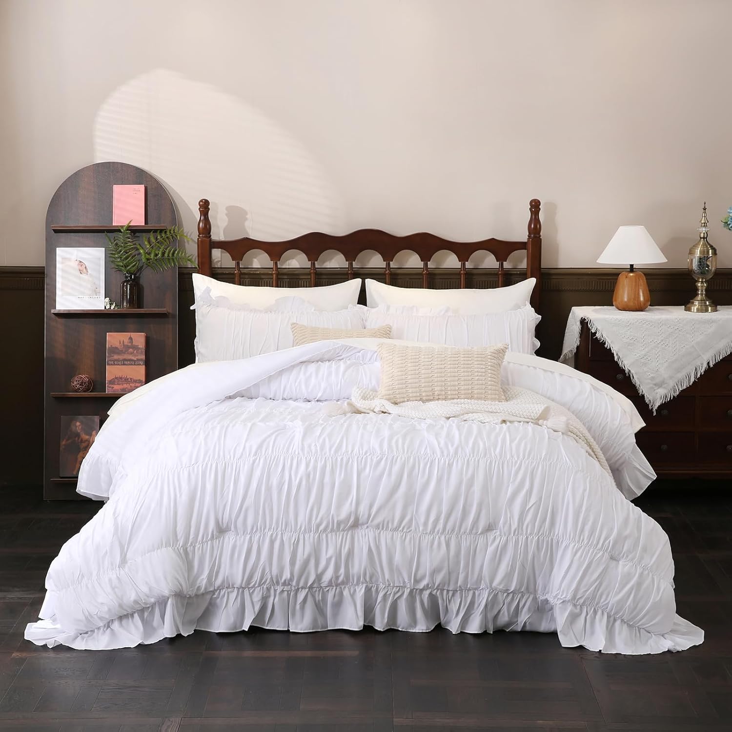 Herside White Ruffle Comforter Set Queen Size 9-Piece Bed-in-a-Bag,Ruched Boho Bedding for Bedroom,Luxury Bedding Set with Sheet,Shabby Chic Quilt Set Soft and Fluffy Vintage Comforter for All-Season - Image 2