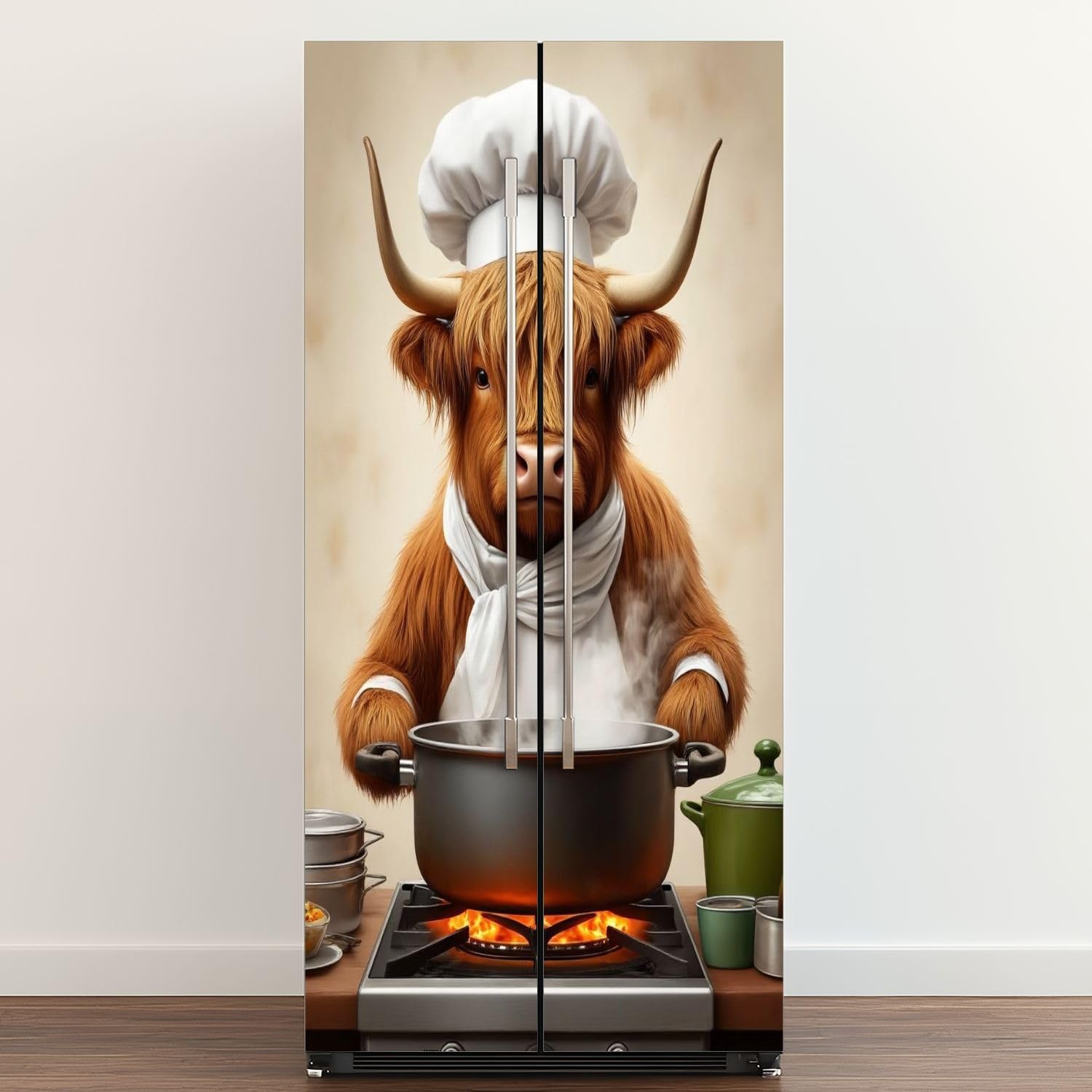Self Adhesive Vinyl Refrigerator Wrap Funny Cow Humorous Brown Highland Cows Cooking Enticing Food Kitchen Door Mural Sticker Peel and Stick Removable Door Cover Fridge Wrap Decal for Kitchen Decor