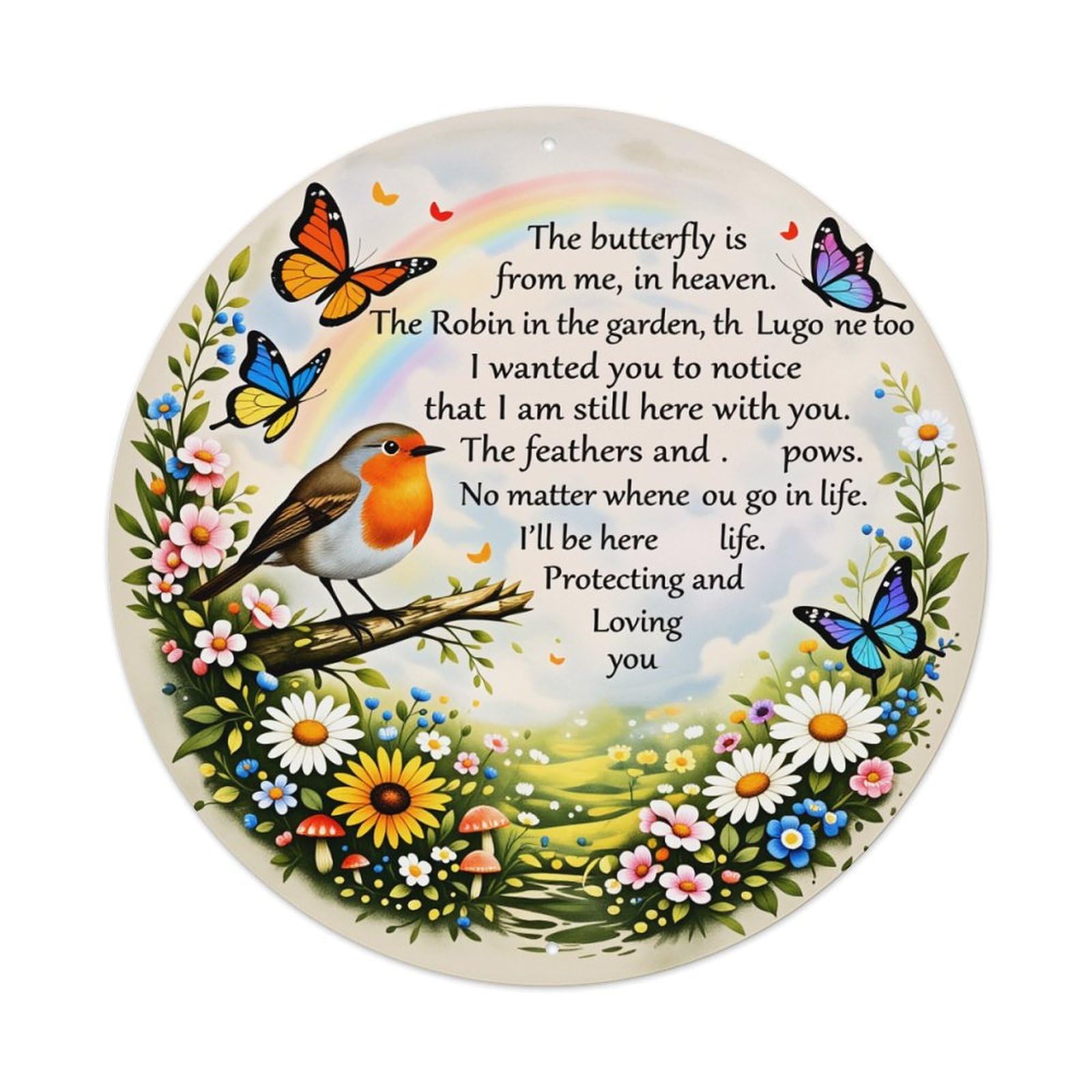 Butterfly Robin Flowers Garden Sky Metal Tin Sign Vintage Garden Bedroom Cafe Bar Man Cave Home Wall Decor Metal Poster 8x8 inches