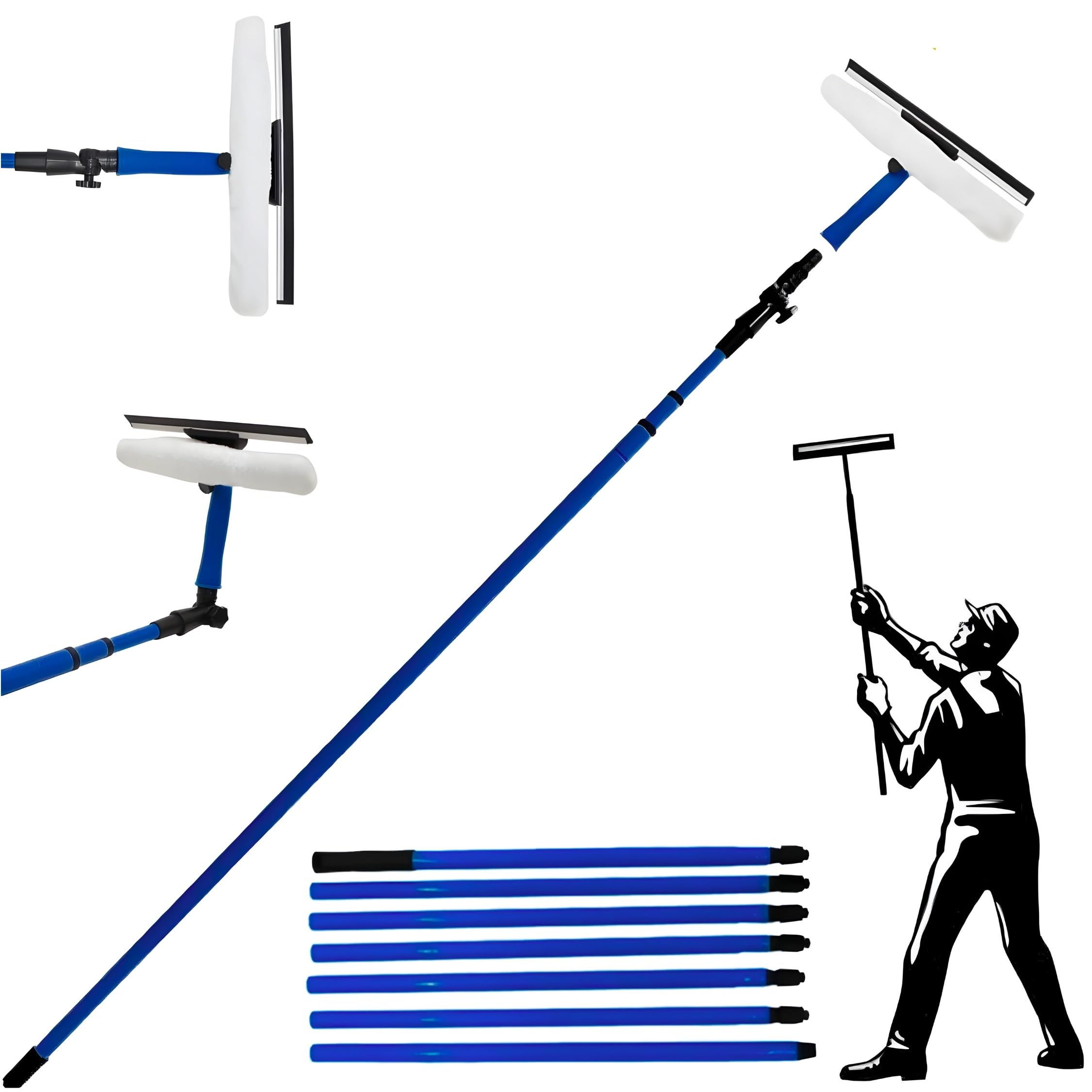 3.5M TELESCOPIC WINDOW CLEANING KIT LONG GLASS CLEANER EQUIPMENT LONG ALUMINIUM METAL CONSERVATORY POLE SOFT RUBBER MOP FOR INDOOR/OUTDOOR WINDOWS