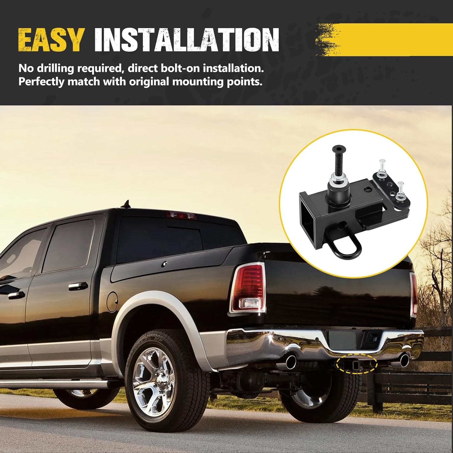 BUNKER INDUST 2 Inch Trailer Hitch Receiver Compatible with 2019-2024 Dodge Ram 1500, Class 3 Rear Trailer Tow Hitch with Bolts, Black
