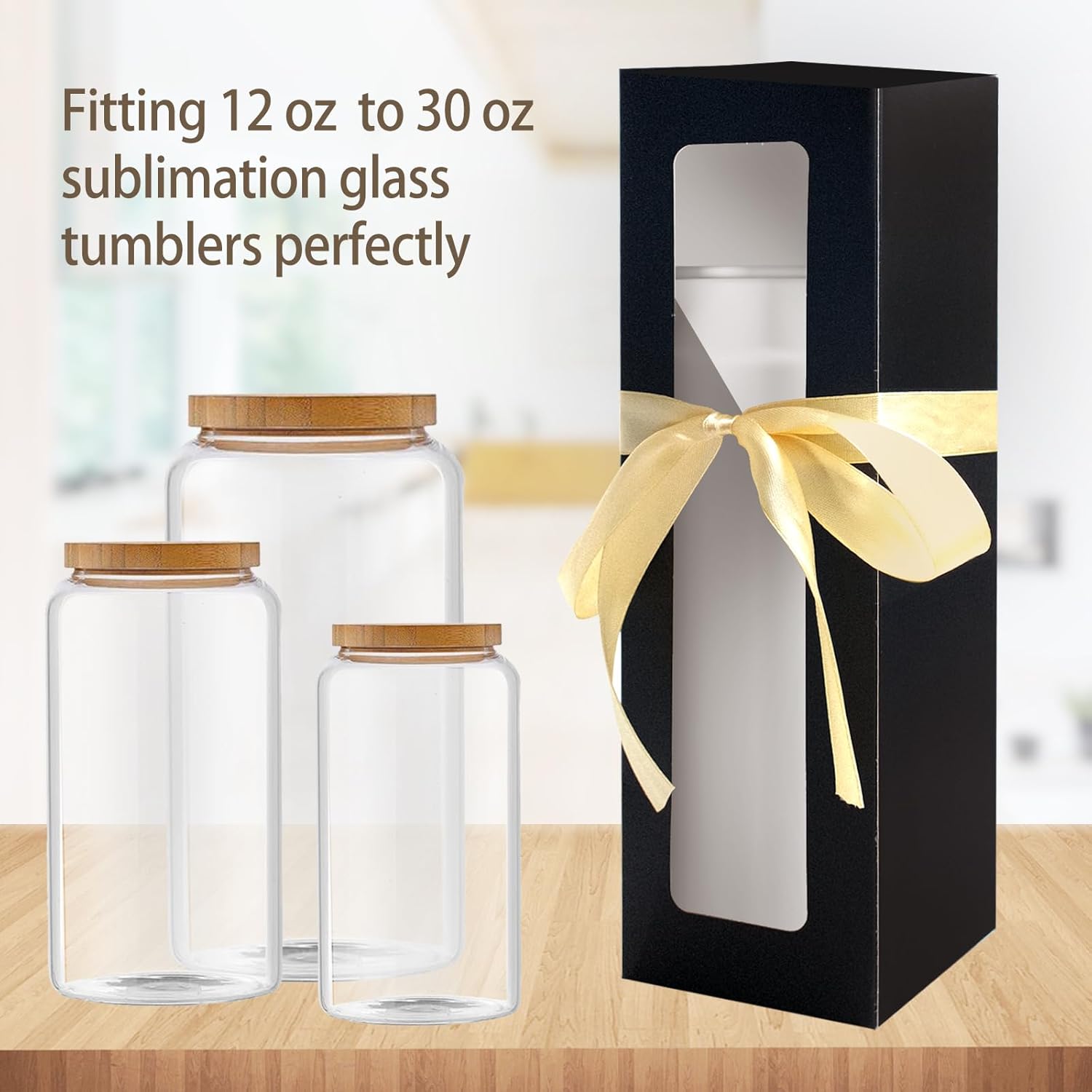 LECEHIVO 72 Pcs Gift Boxes for Sublimation Tumbler with Ribbon Tumblers Box with Window Transparent Exhibition Box for Gift Wrapping 12oz 20oz 30oz Blanks Heat Press Skinny Tumbler (Black)