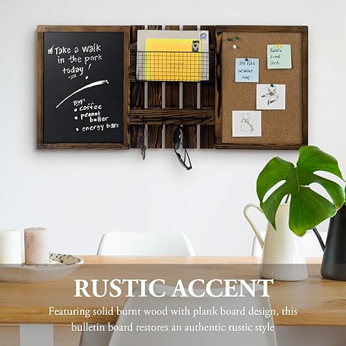 Miniatura 2 de MyGift Juego de 3 paneles de tablero de anuncios montado en la pared con marco rústico de madera maciza quemada con una pizarra, tablero de corcho,