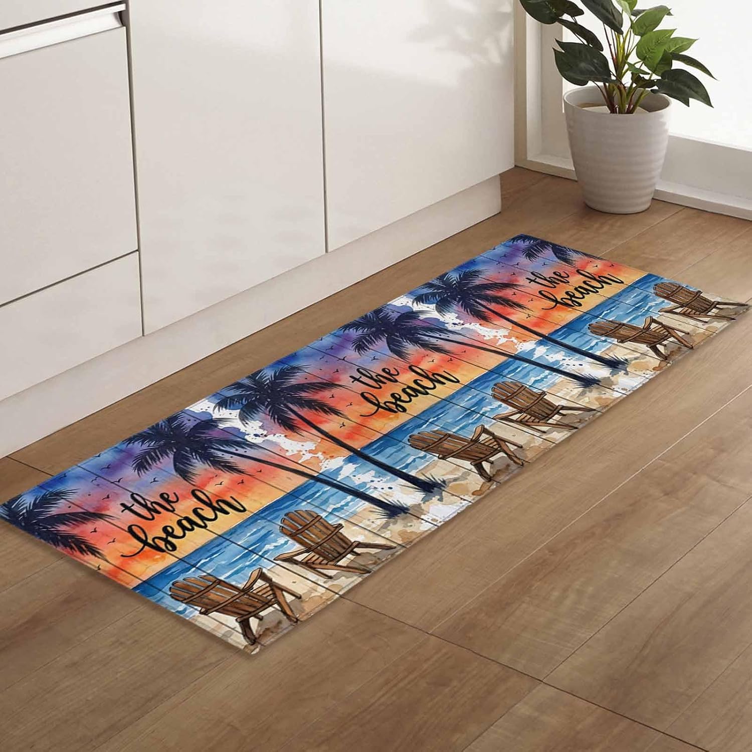 Kitchen Mats for Floor Watercolor Ocean Beach Recliners Washable Non Slip Kitchen Rugs 1PCS, Palm Trees Seagull Wood Grain Absorbent Standing Mats for Sink Bathroom Office Living Room 15.7x47.2in