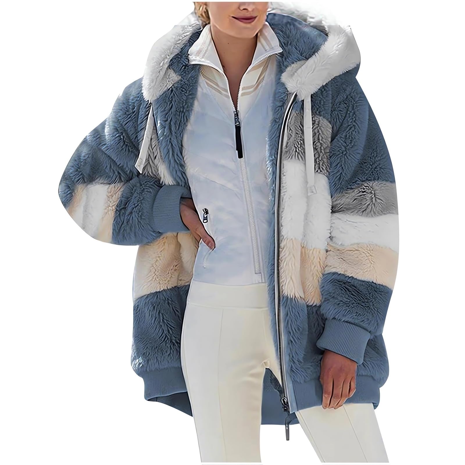 2024 New Rcontrasting Lamb Wool Padded Coat Sherpa Hoodie Lined Jacket Women Faux Fur Shearling Fleece Zip Shacket
