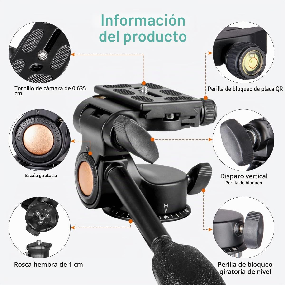 Koolehaoda Cabezal Giratorio para trípode Cabezal Tridimensional de amortiguación hidráulica de un Solo Mango de 360 ° con Placa de liberación rápida para trípode, monopié, cámara DSLR, videocámara